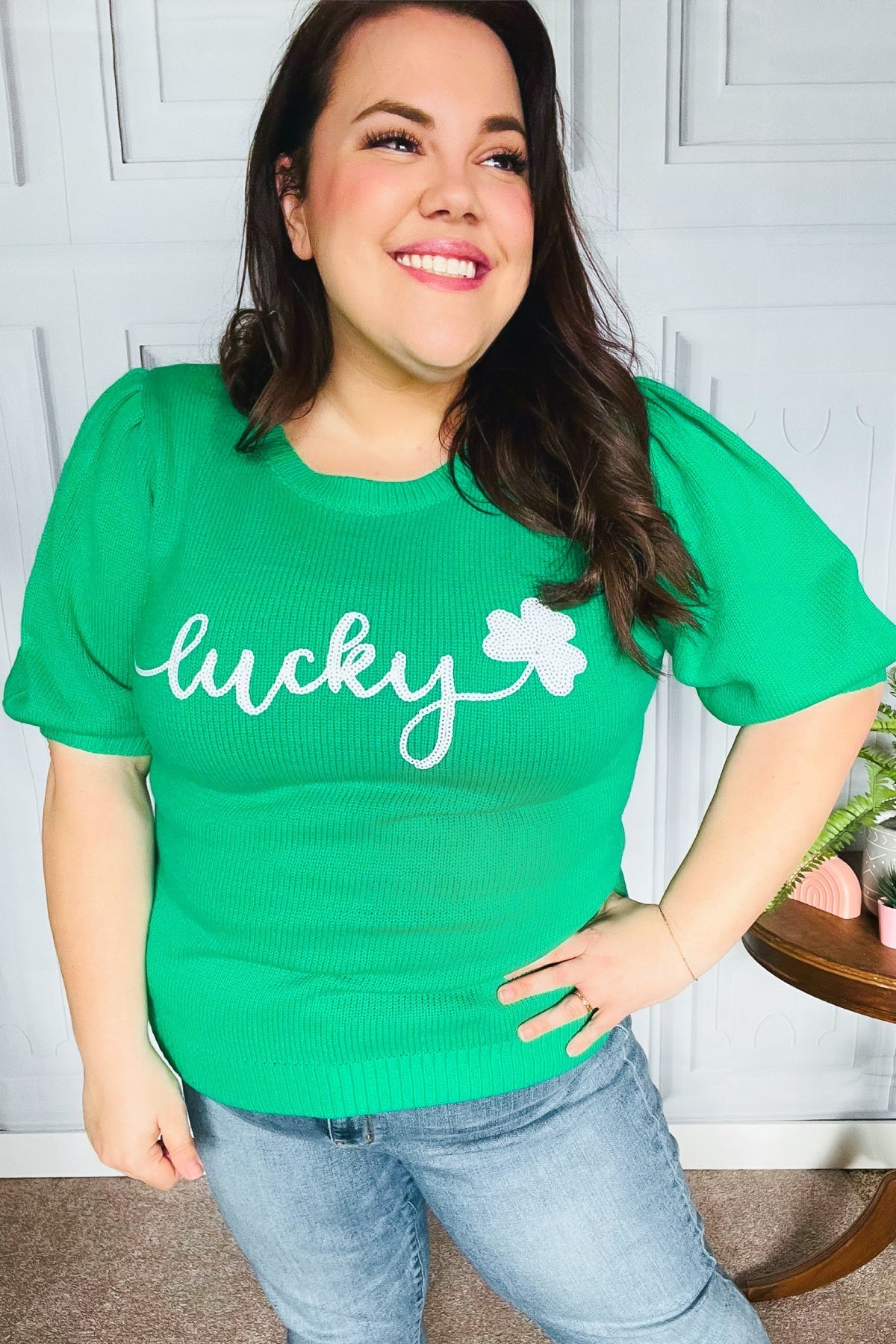 Lucky Lady Shamrock Green Sequin Puff Sleeve Knit Top - Bitsy Gypsy Boutique