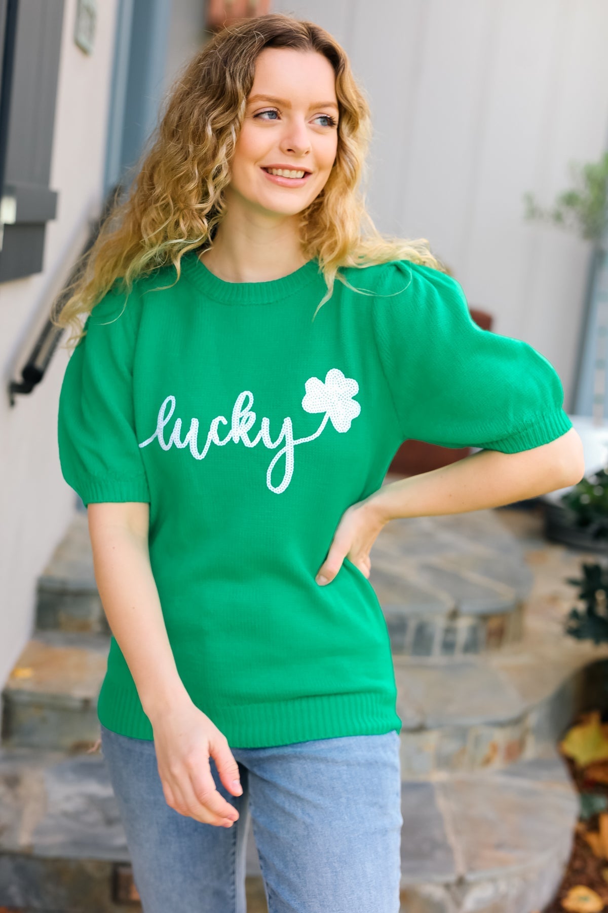 Lucky Lady Shamrock Green Sequin Puff Sleeve Knit Top - Bitsy Gypsy Boutique