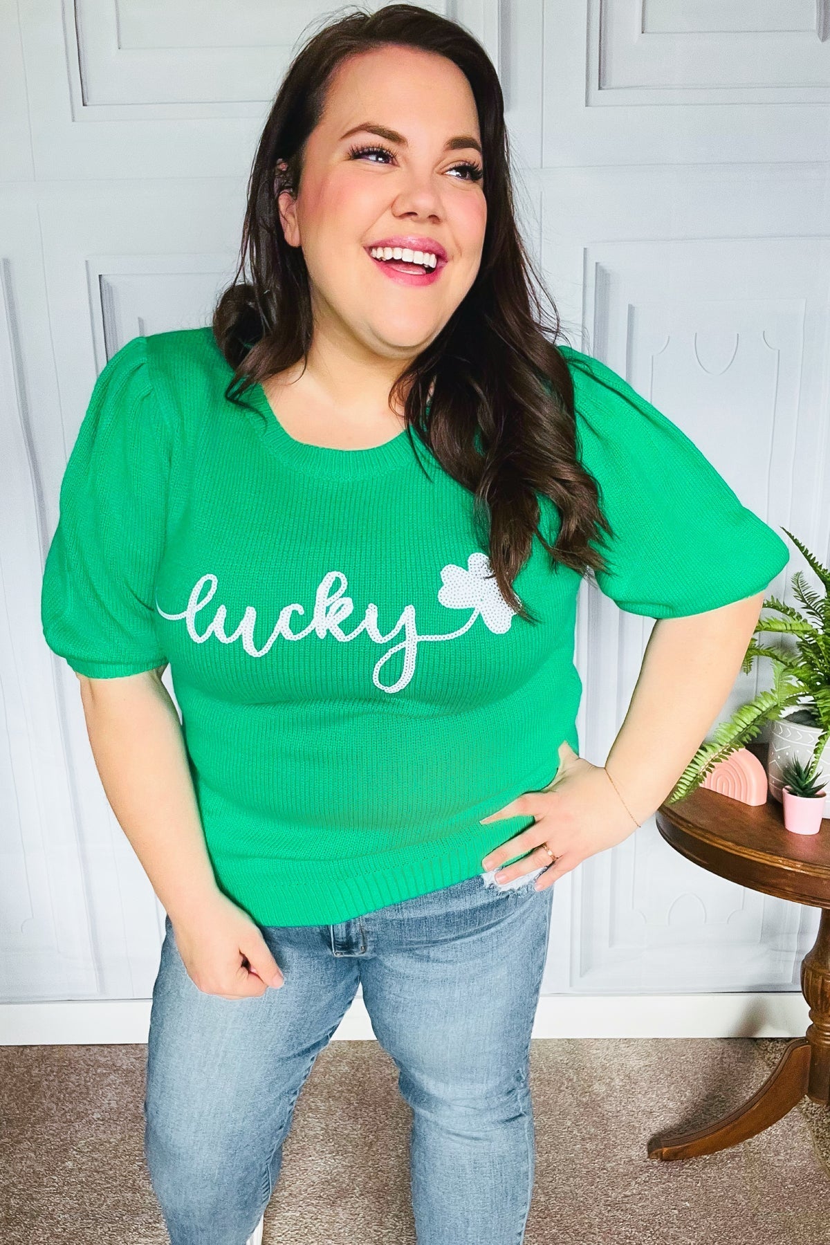 Lucky Lady Shamrock Green Sequin Puff Sleeve Knit Top - Bitsy Gypsy Boutique