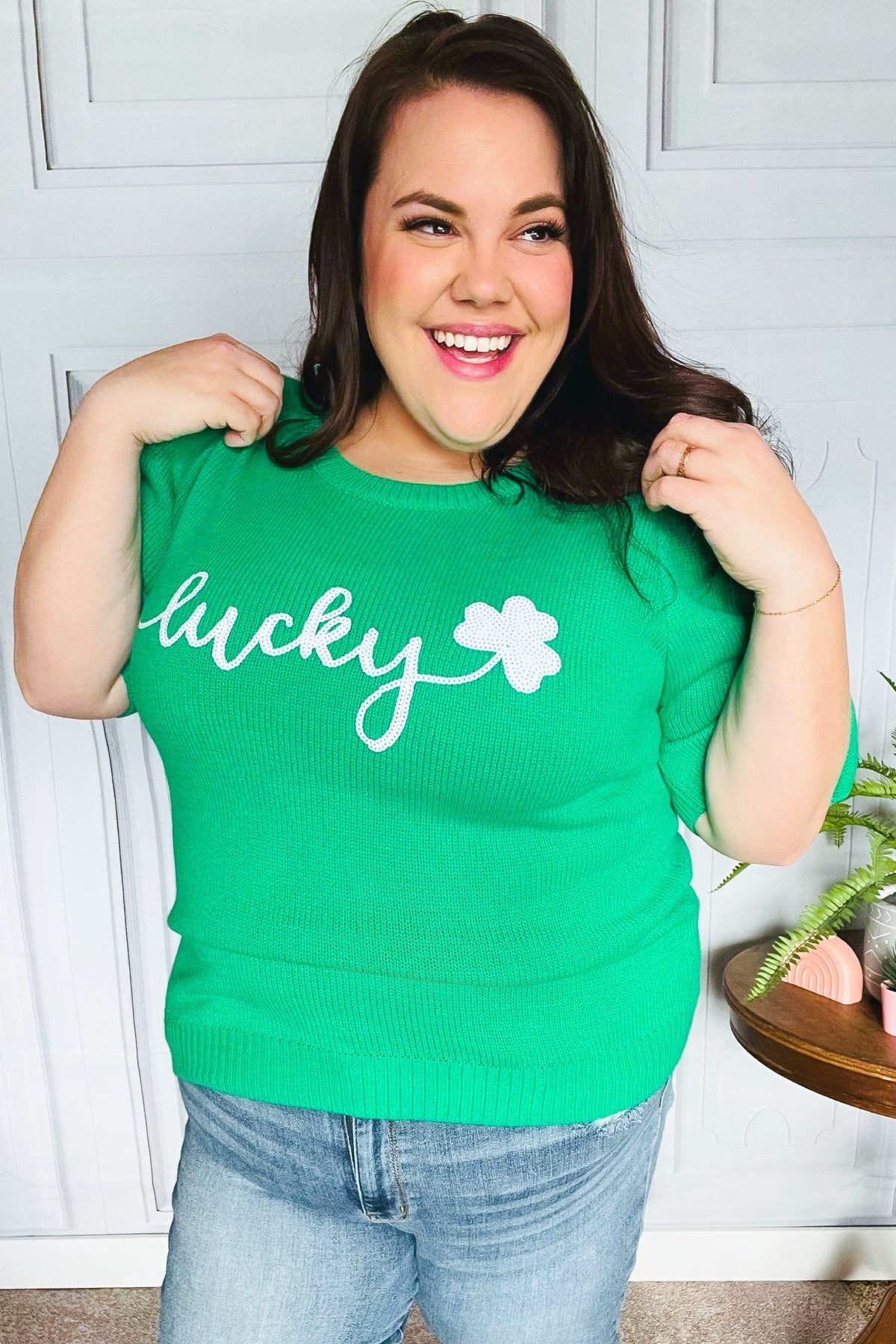 Lucky Lady Shamrock Green Sequin Puff Sleeve Knit Top - Bitsy Gypsy Boutique