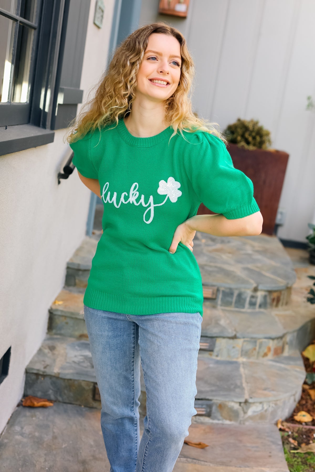 Lucky Lady Shamrock Green Sequin Puff Sleeve Knit Top - Bitsy Gypsy Boutique