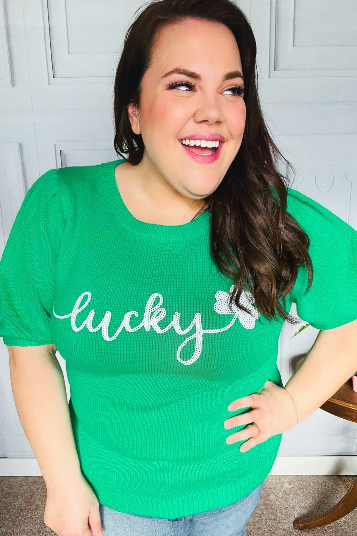 Lucky Lady Shamrock Green Sequin Puff Sleeve Knit Top - Bitsy Gypsy Boutique