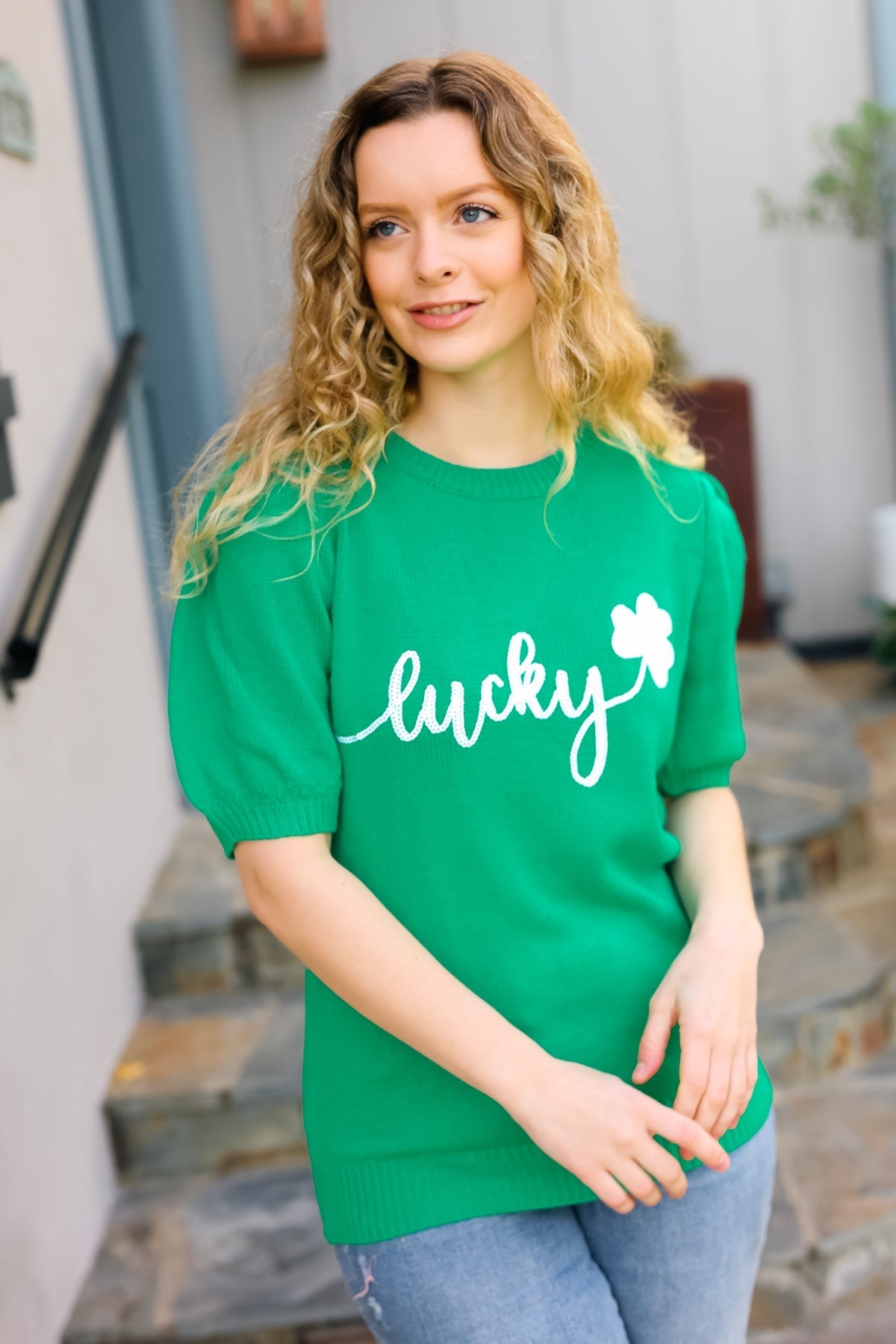 Lucky Lady Shamrock Green Sequin Puff Sleeve Knit Top - Bitsy Gypsy Boutique