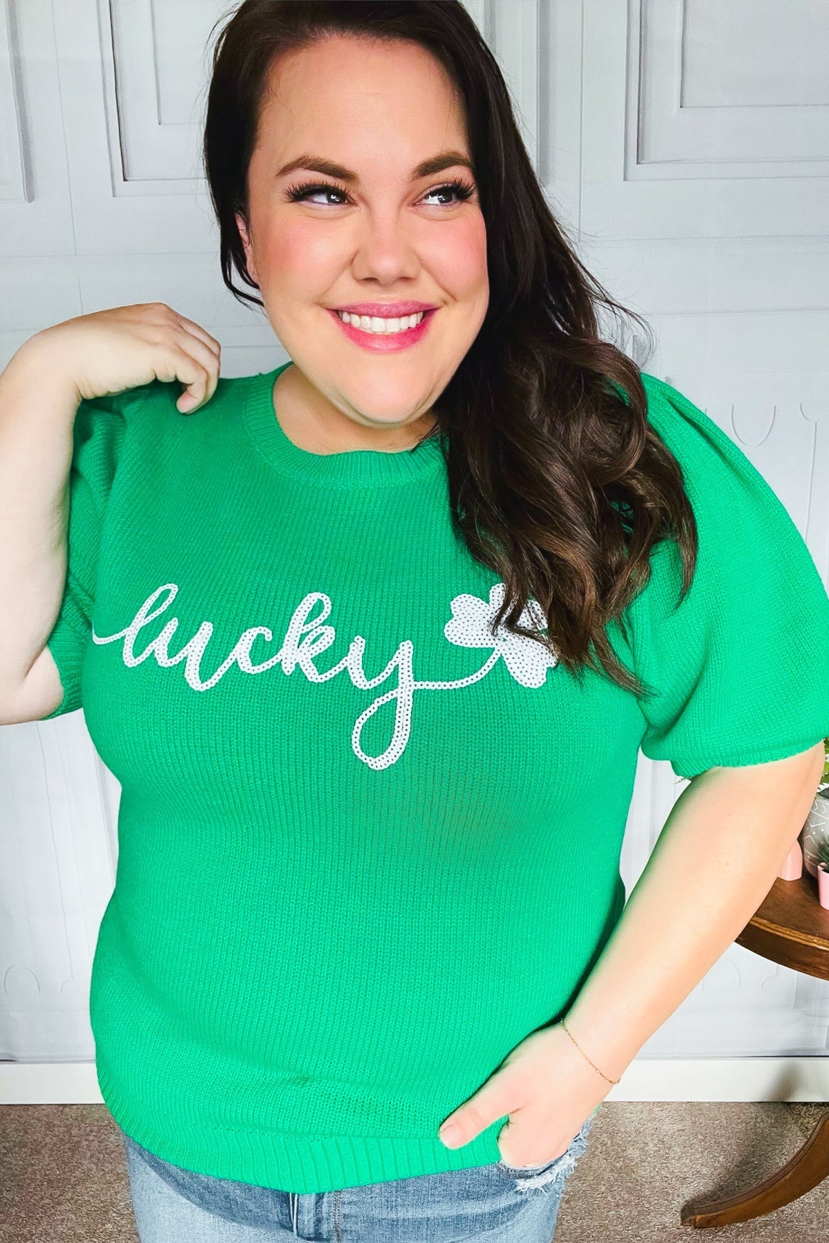 Lucky Lady Shamrock Green Sequin Puff Sleeve Knit Top - Bitsy Gypsy Boutique