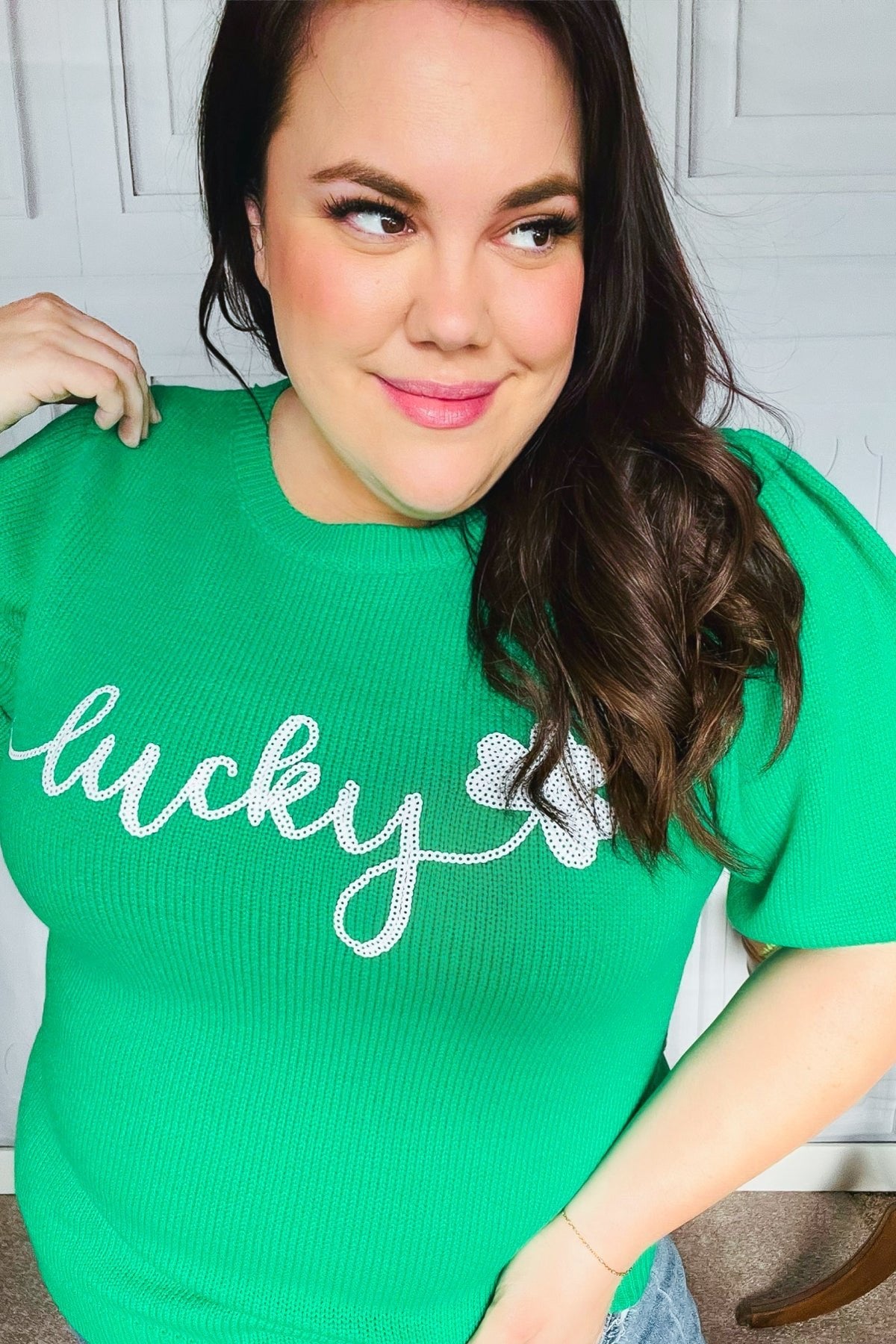 Lucky Lady Shamrock Green Sequin Puff Sleeve Knit Top - Bitsy Gypsy Boutique