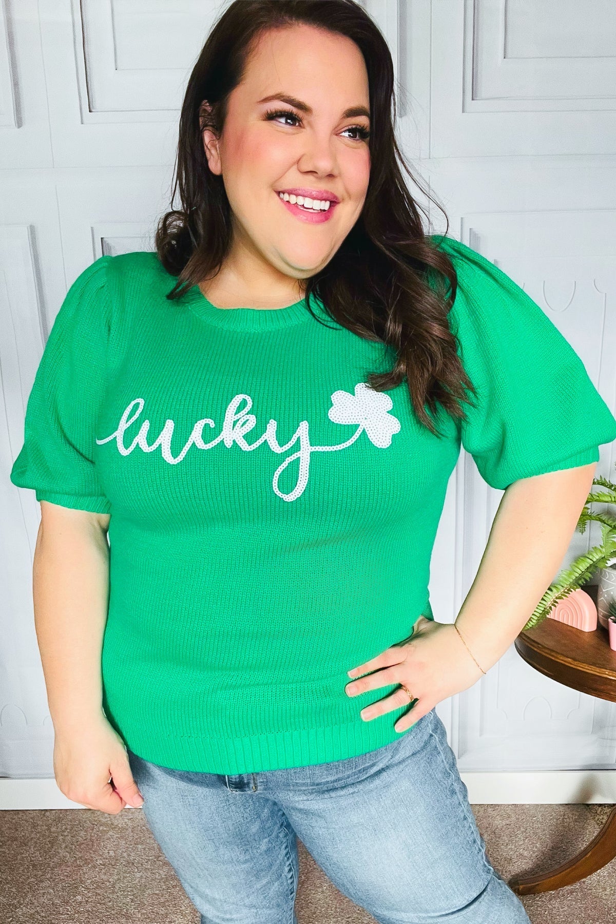 Lucky Lady Shamrock Green Sequin Puff Sleeve Knit Top - Bitsy Gypsy Boutique