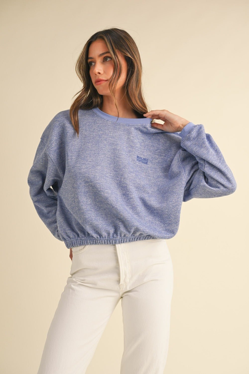 Mable Round Neck Letter Embroidery Crop Sweatshirt - Bitsy Gypsy Boutique