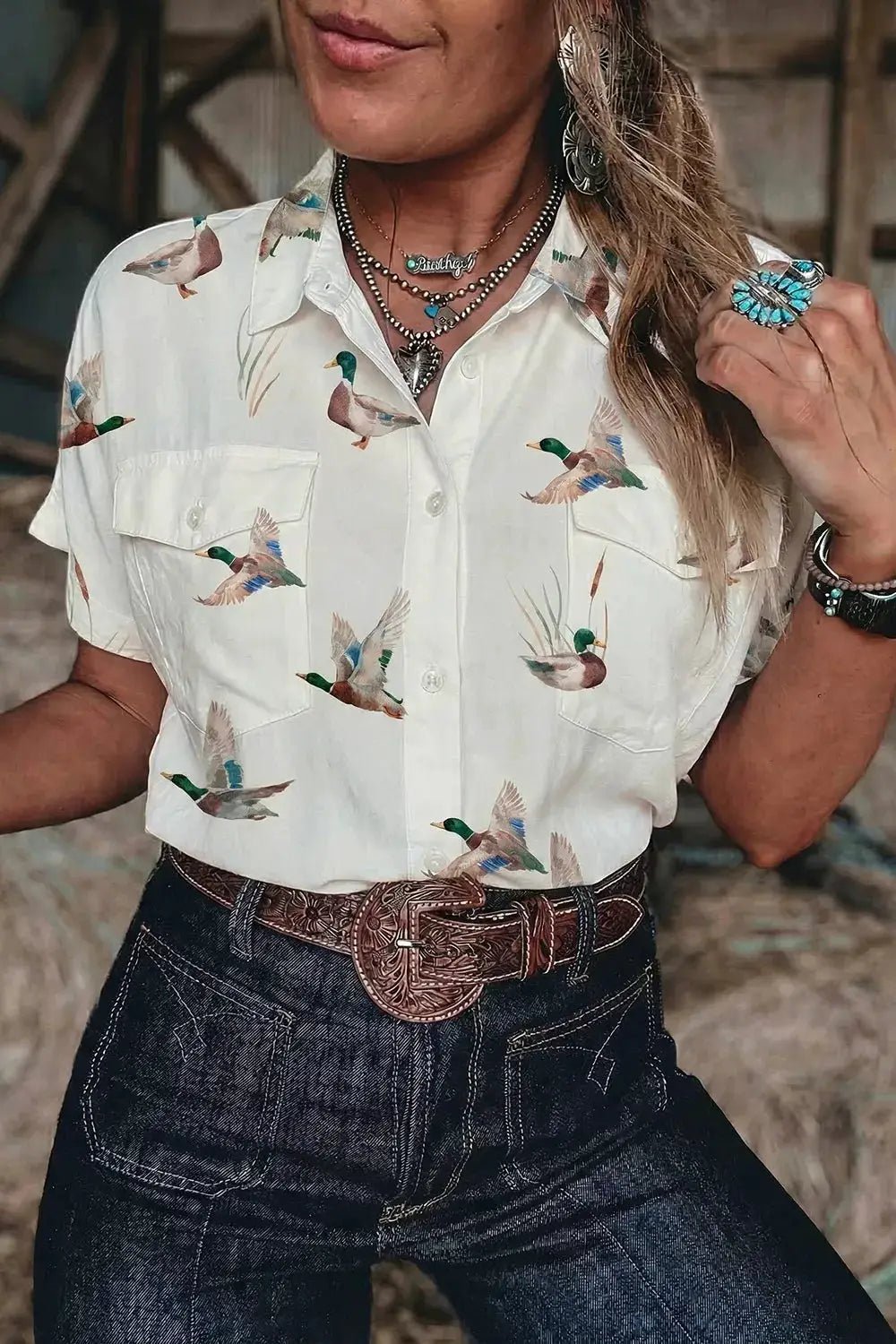 Mallard Print Button Flap Pocket Short Sleeve Shirt - Bitsy Gypsy Boutique