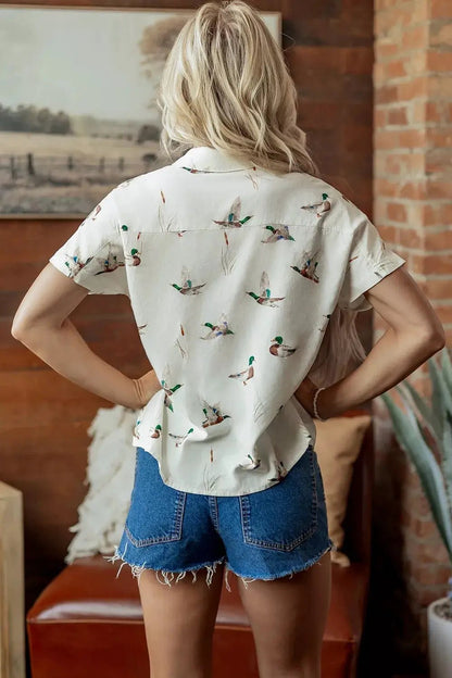 Mallard Print Button Flap Pocket Short Sleeve Shirt - Bitsy Gypsy Boutique
