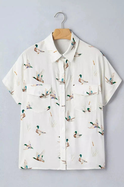 Mallard Print Button Flap Pocket Short Sleeve Shirt - Bitsy Gypsy Boutique
