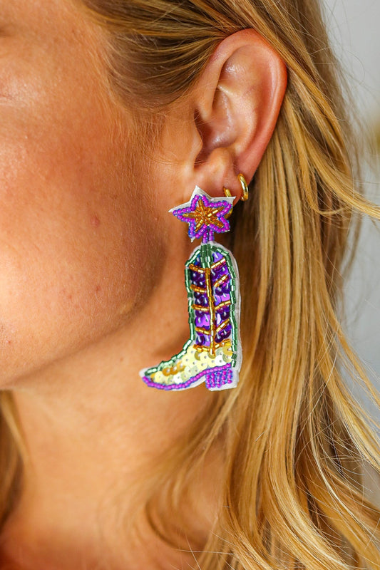 Mardi Gras Sequin & Beaded Cowboy Boot Dangle Earrings - Bitsy Gypsy Boutique