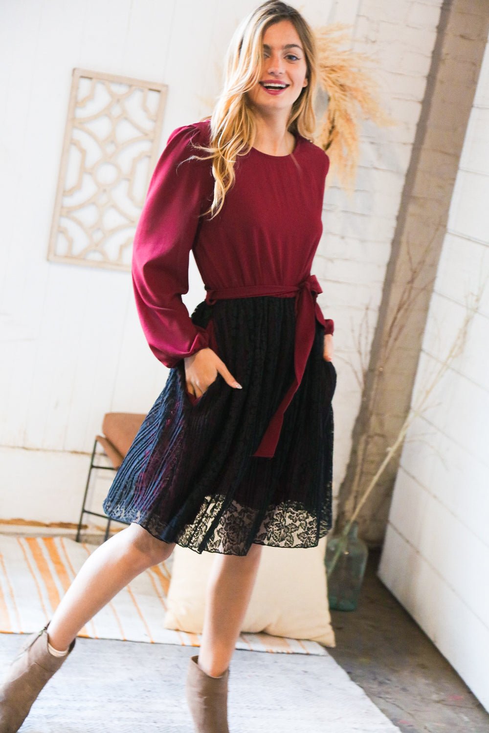 Maroon & Black Lace Overlay Sash Tie Dress - Bitsy Gypsy Boutique