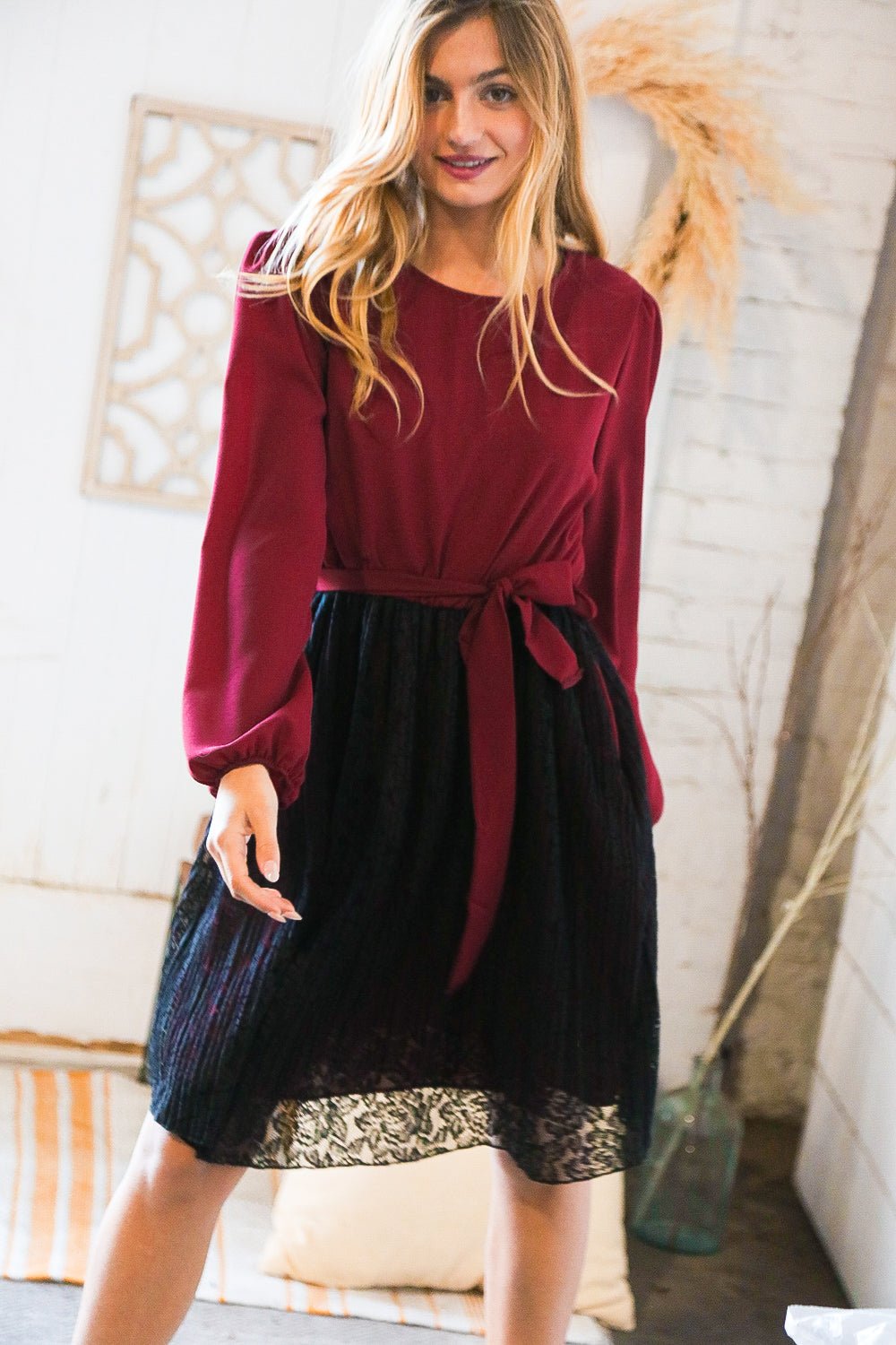 Maroon & Black Lace Overlay Sash Tie Dress - Bitsy Gypsy Boutique