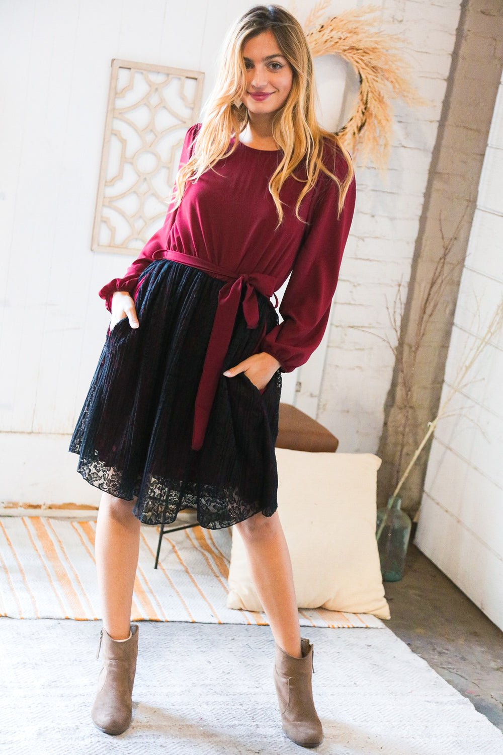 Maroon & Black Lace Overlay Sash Tie Dress - Bitsy Gypsy Boutique