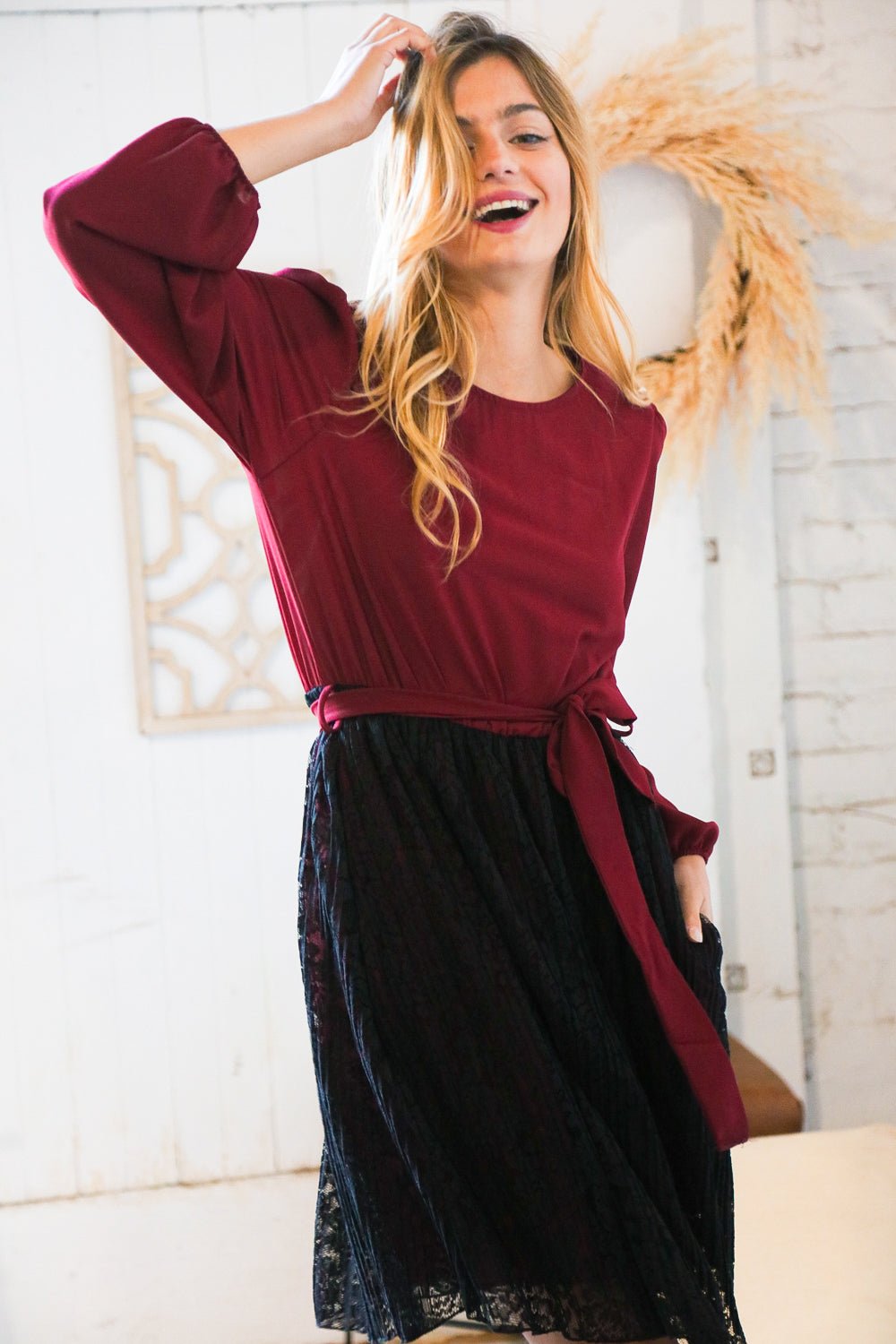 Maroon & Black Lace Overlay Sash Tie Dress - Bitsy Gypsy Boutique