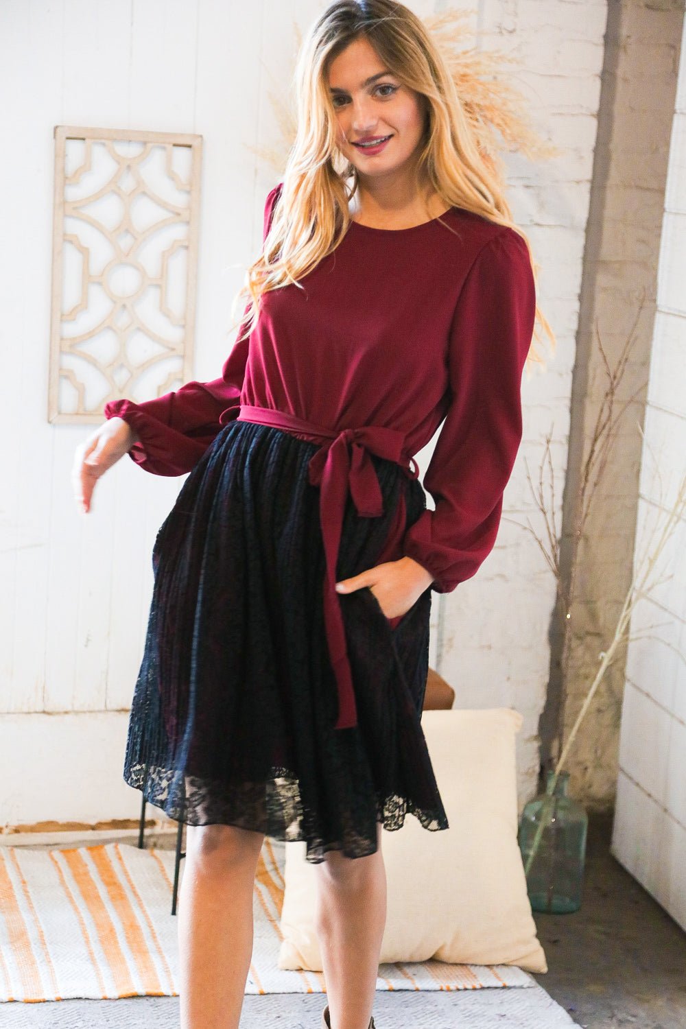 Maroon & Black Lace Overlay Sash Tie Dress - Bitsy Gypsy Boutique