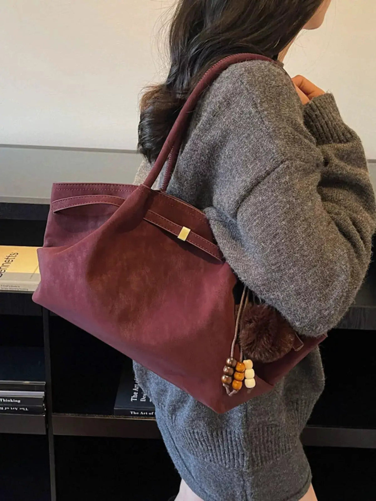 Maroon PU Leather Tote Bag with Tassel and Beads - Bitsy Gypsy Boutique