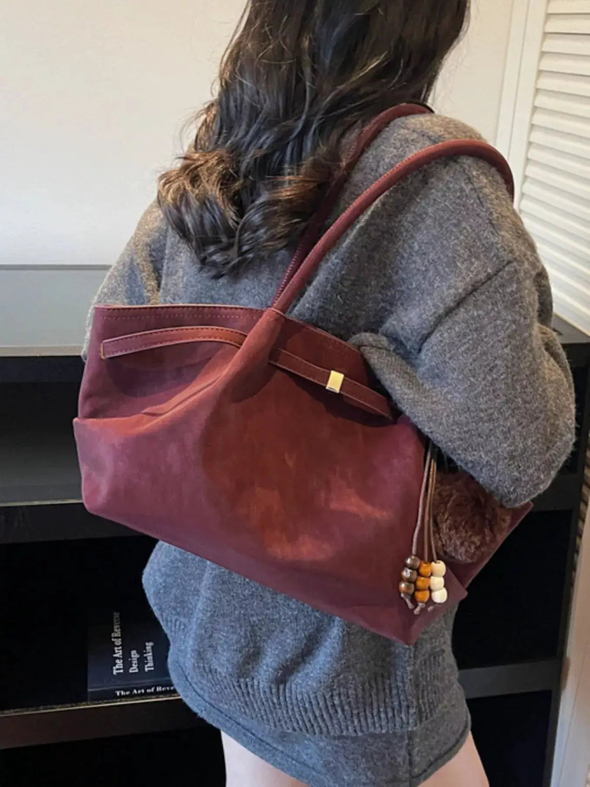 Maroon PU Leather Tote Bag with Tassel and Beads - Bitsy Gypsy Boutique