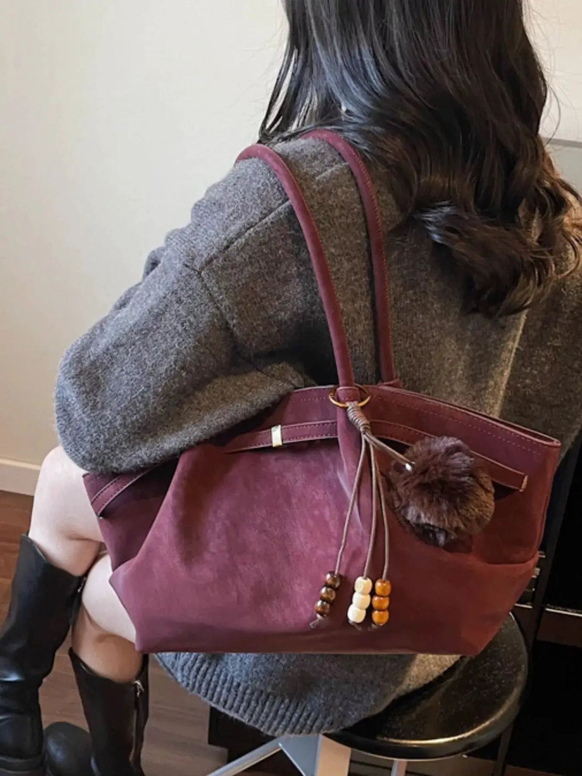 Maroon PU Leather Tote Bag with Tassel and Beads - Bitsy Gypsy Boutique