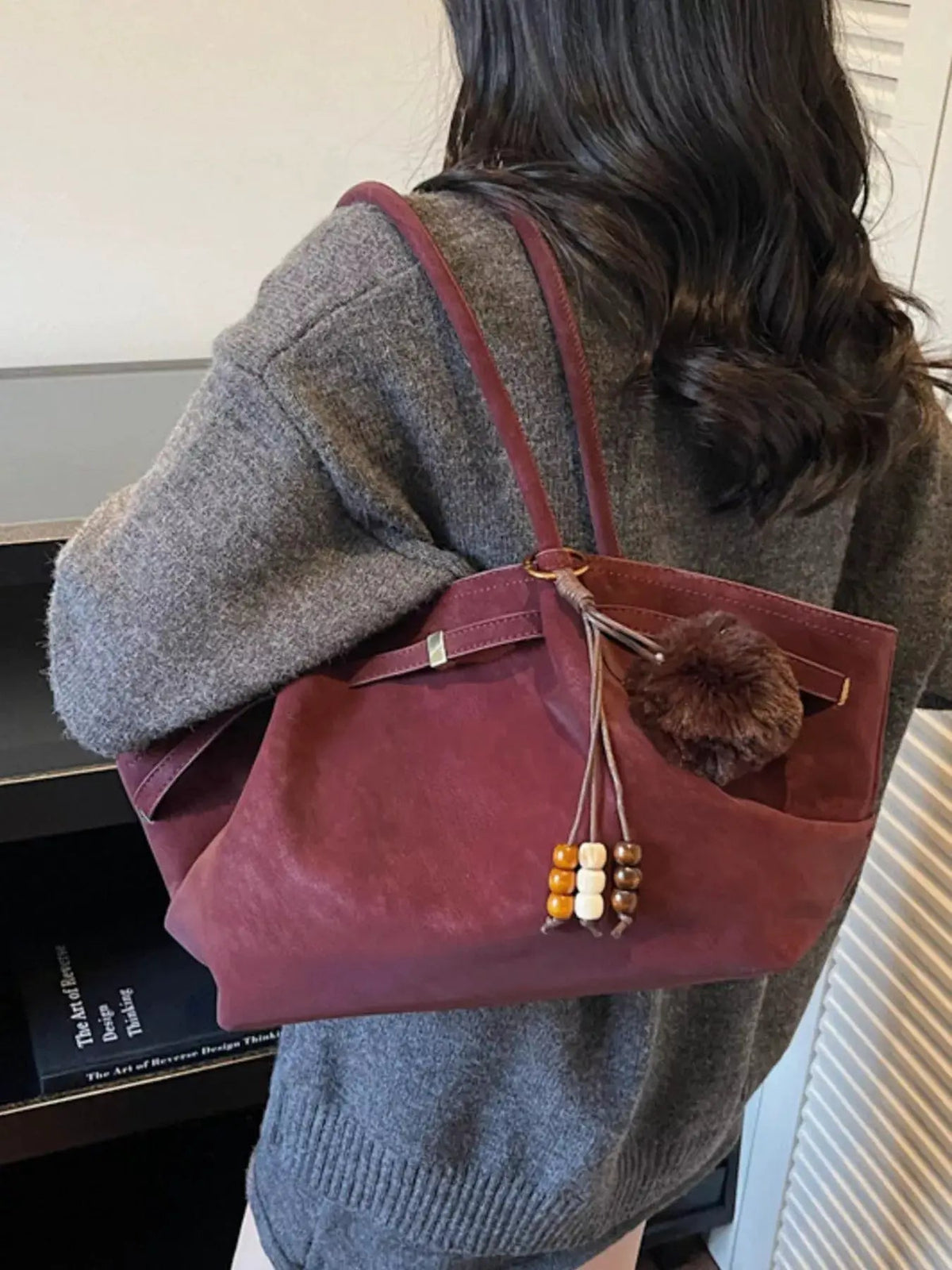 Maroon PU Leather Tote Bag with Tassel and Beads - Bitsy Gypsy Boutique