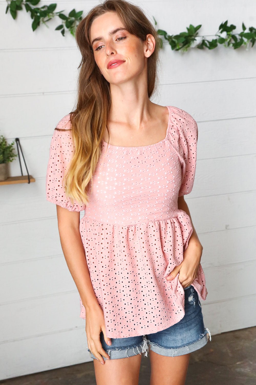 Mauve Eyelet Puff Sleeve Babydoll Top - Bitsy Gypsy Boutique