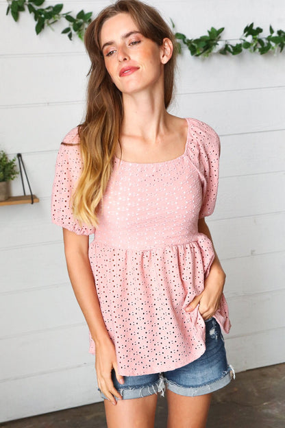 Mauve Eyelet Puff Sleeve Babydoll Top - Bitsy Gypsy Boutique