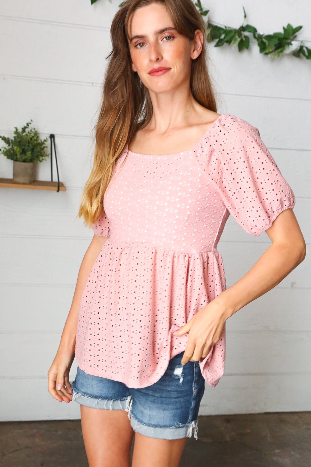 Mauve Eyelet Puff Sleeve Babydoll Top - Bitsy Gypsy Boutique