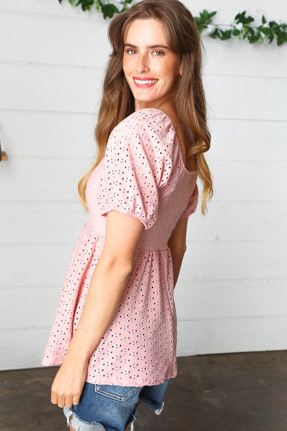 Mauve Eyelet Puff Sleeve Babydoll Top - Bitsy Gypsy Boutique
