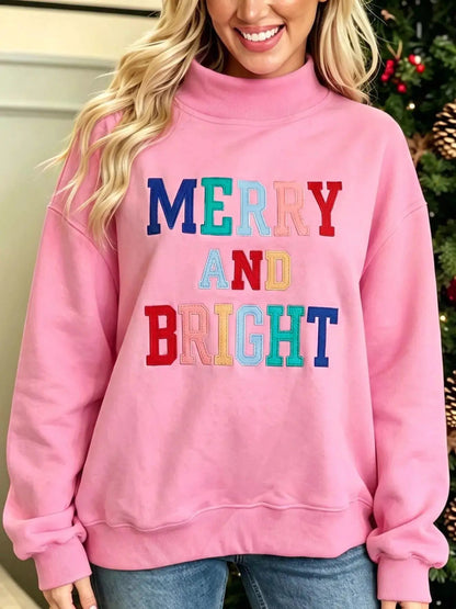 Merry And Bright Stitched Letter Mock Neck Sweatshirt - Bitsy Gypsy Boutique