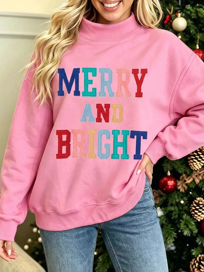Merry And Bright Stitched Letter Mock Neck Sweatshirt - Bitsy Gypsy Boutique
