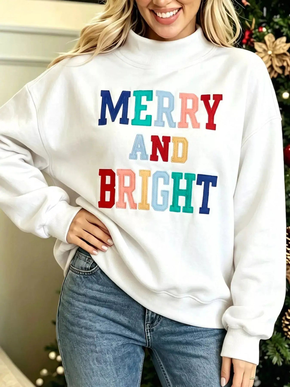 Merry And Bright Stitched Letter Mock Neck Sweatshirt - Bitsy Gypsy Boutique