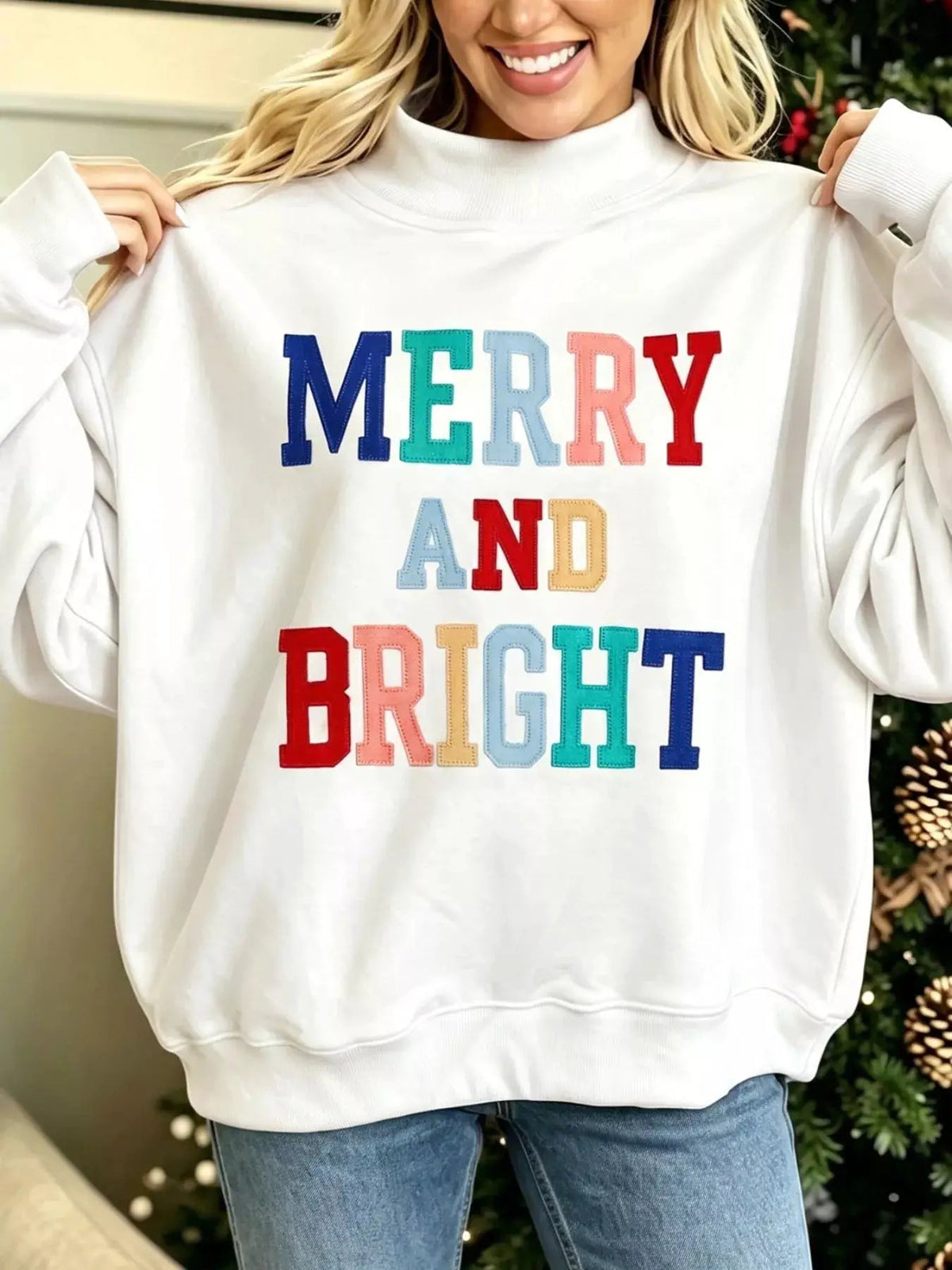 Merry And Bright Stitched Letter Mock Neck Sweatshirt - Bitsy Gypsy Boutique