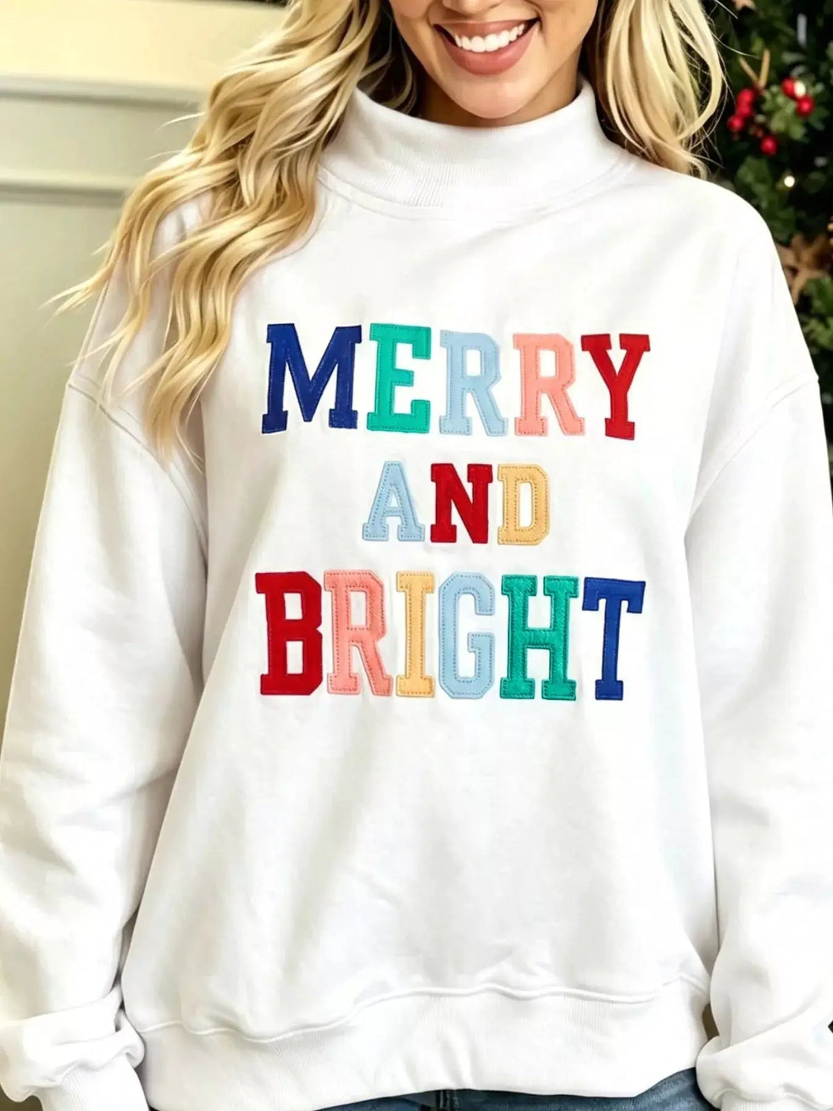 Merry And Bright Stitched Letter Mock Neck Sweatshirt - Bitsy Gypsy Boutique