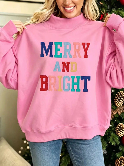 Merry And Bright Stitched Letter Mock Neck Sweatshirt - Bitsy Gypsy Boutique