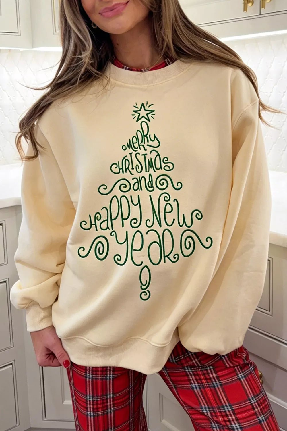 Merry Christmas and Happy New Year Embroidered Holiday Slogan Sweatshirt - Bitsy Gypsy Boutique