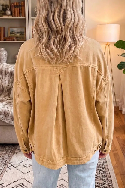 Metal Button Front Long Sleeve Collar Denim Jacket by Trendsi