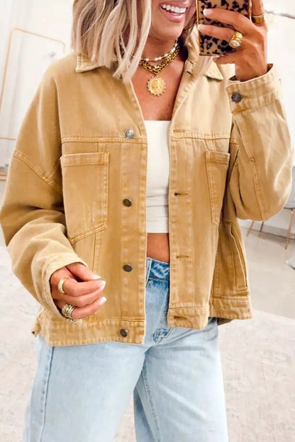 Metal Button Front Long Sleeve Collar Denim Jacket by Trendsi