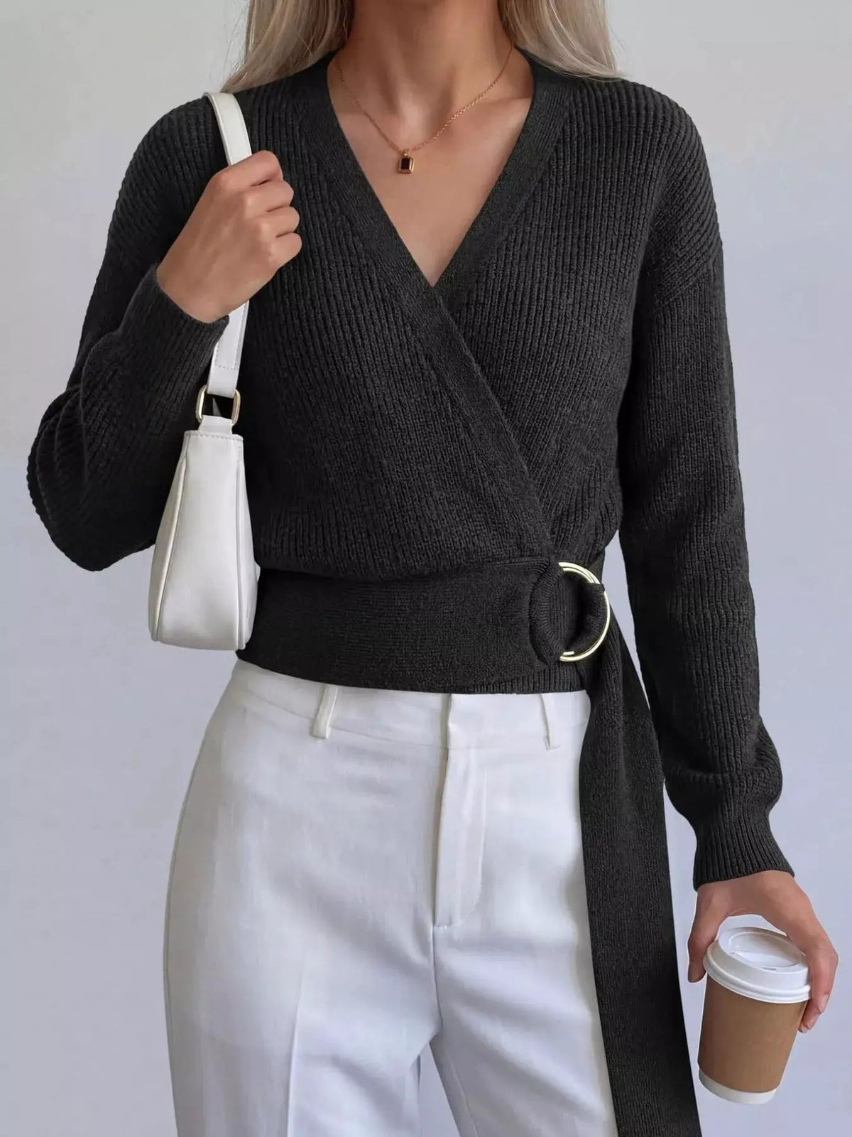 Metal Ring Detail Dropped Shoulder Sweater - Bitsy Gypsy Boutique