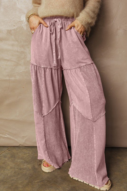 Mineral Wash Patchwork Tiered Wide Leg Pants - Bitsy Gypsy Boutique