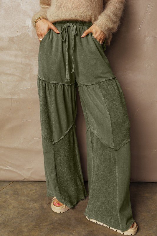Mineral Wash Patchwork Tiered Wide Leg Pants - Bitsy Gypsy Boutique