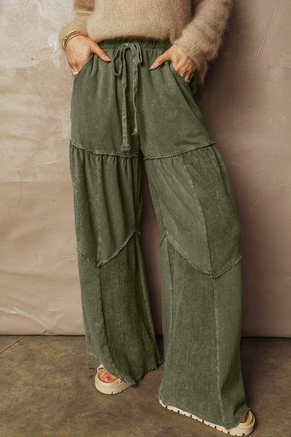 Mineral Wash Patchwork Tiered Wide Leg Pants - Bitsy Gypsy Boutique