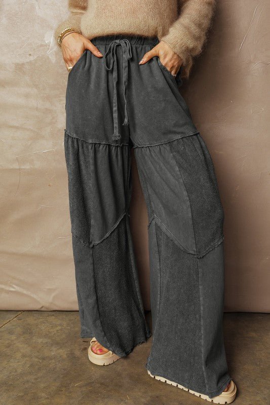Mineral Wash Patchwork Tiered Wide Leg Pants - Bitsy Gypsy Boutique
