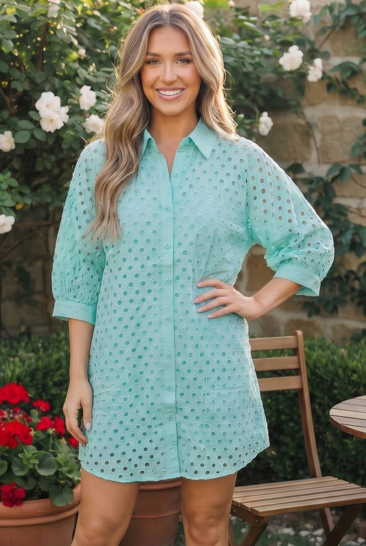 Mint Eyelet Button Front Shirt Dress - Bitsy Gypsy Boutique