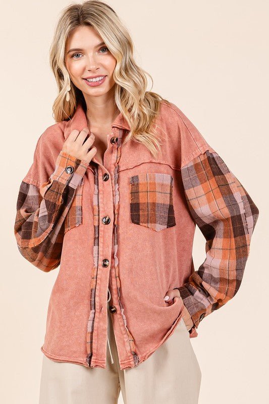 Mittoshop Button Down Contrast Plaid Patchwork Shacket - Bitsy Gypsy Boutique