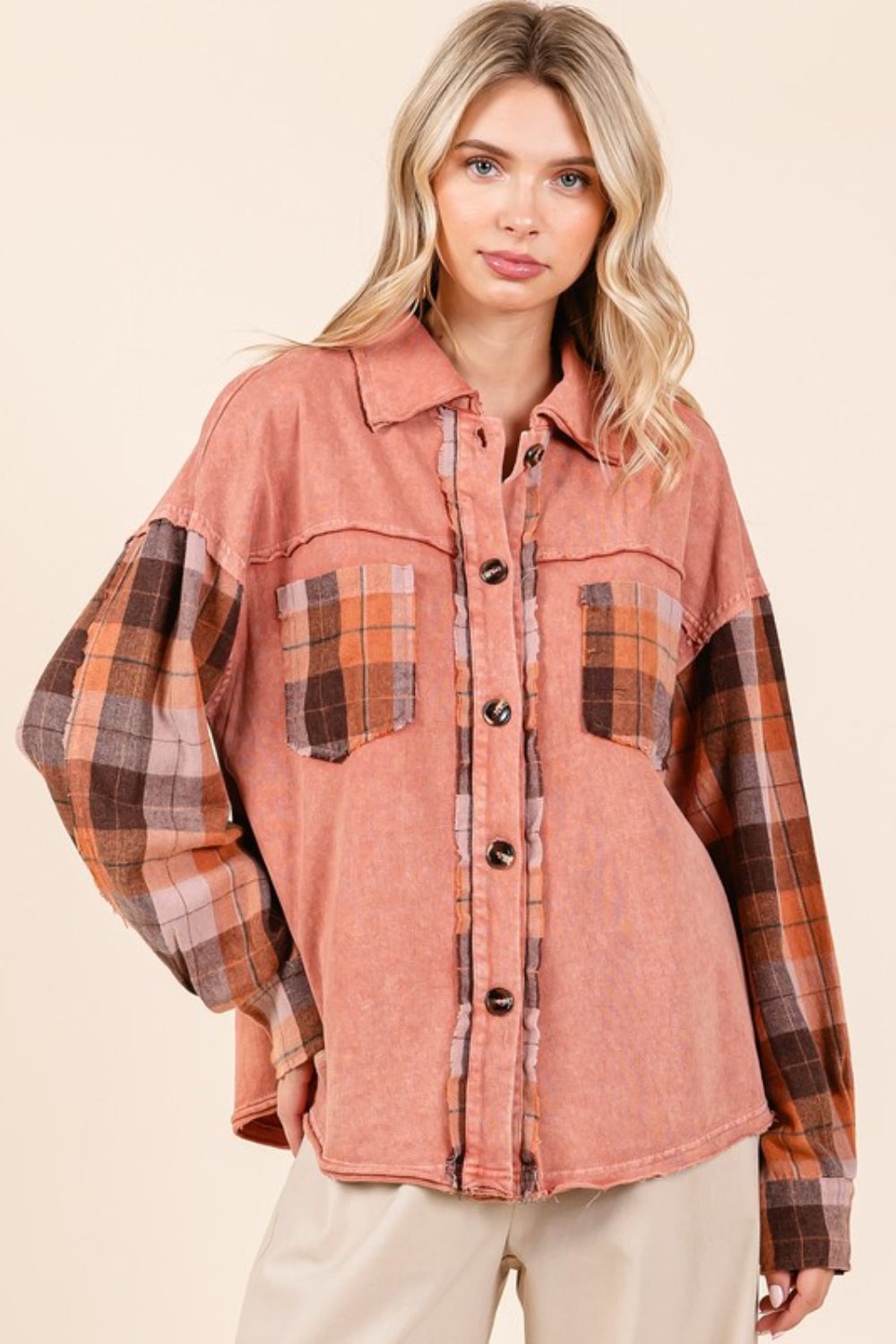 Mittoshop Button Down Contrast Plaid Patchwork Shacket - Bitsy Gypsy Boutique