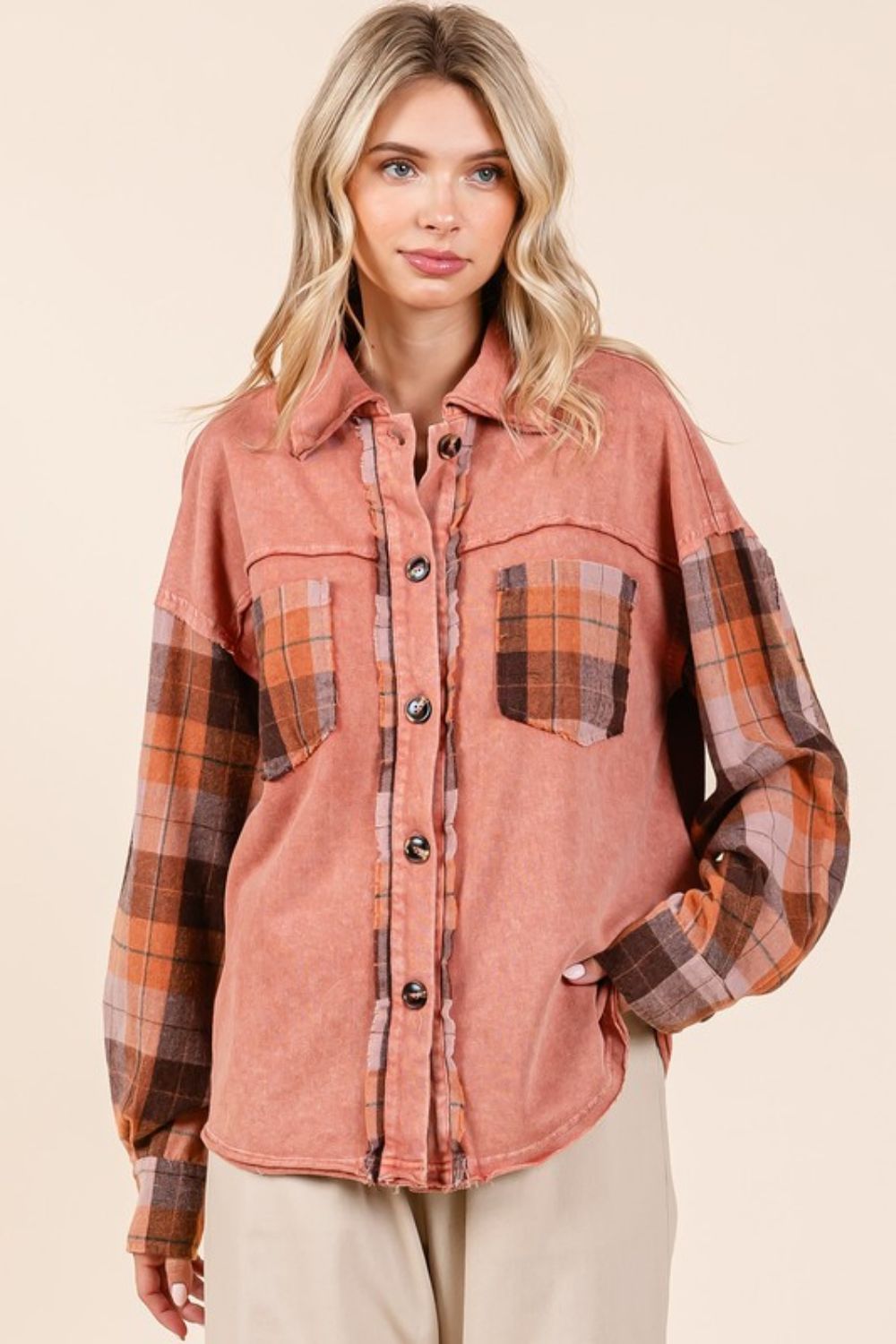 Mittoshop Button Down Contrast Plaid Patchwork Shacket - Bitsy Gypsy Boutique