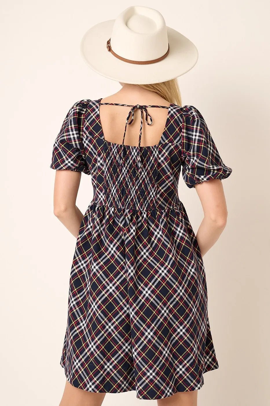 Mittoshop Checkered Print Puff Sleeve Babydoll Mini Dress - Bitsy Gypsy Boutique