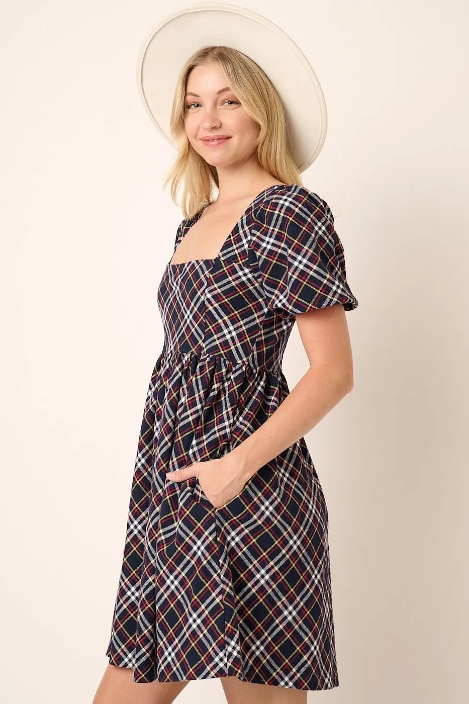 Mittoshop Checkered Print Puff Sleeve Babydoll Mini Dress - Bitsy Gypsy Boutique