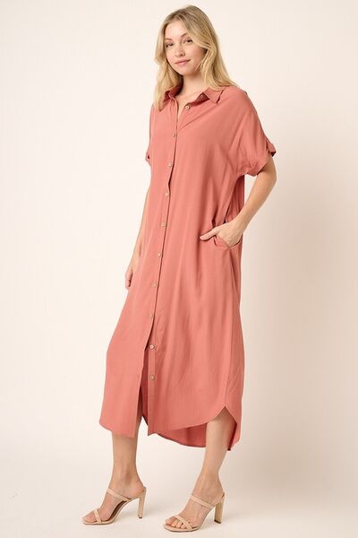 Mittoshop Collared Neck Dolman Short Sleeve Midi Shirt Dress - Bitsy Gypsy Boutique