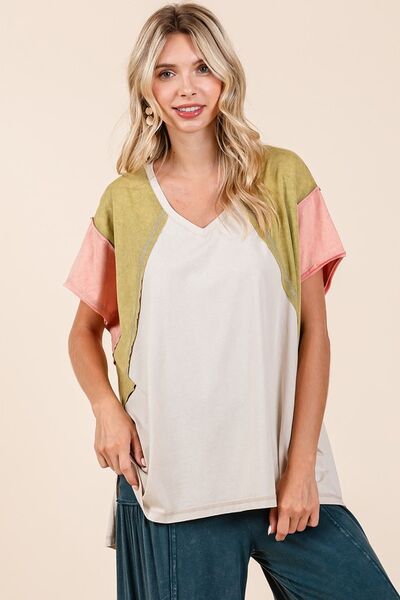 Mittoshop Color Block V - Neck Short Sleeve T-Shirt - Bitsy Gypsy Boutique